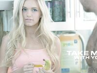 Sexy blonde female Alex Grey seducing sex in kitchen in white lace panties