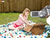 Horny couple spreads a blanket in the backyard for the fuck session