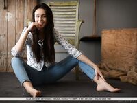 Sweet brunette teen Alisa Amore removes blue jeans on way to modeling naked