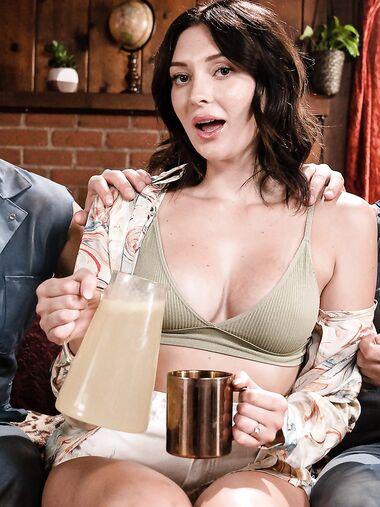 Charlotte Sins Takes Cum On Her Slutty Face After Servicing Two Hard Dicks