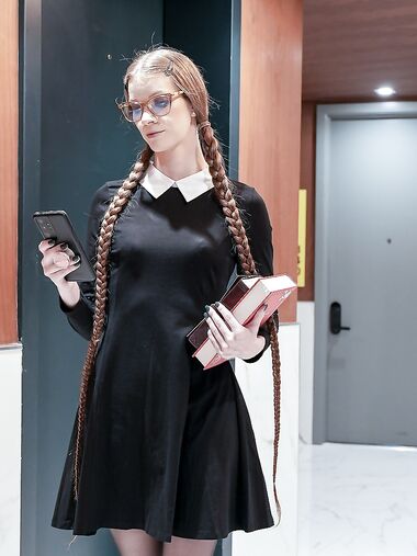 Long-haired Bookworm With Glasses Gets Fucked Through The Hole In Her Pantyhose photos (Erin Everheart)